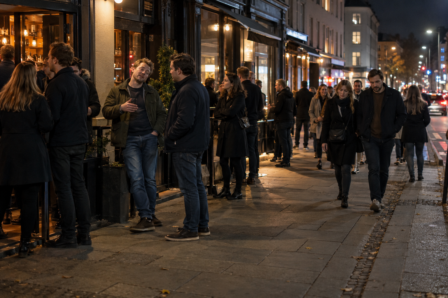 Folk utenfor utesteder i en bygate om kvelden. Noen står og prater, mens andre går forbi. En mann med slapt kroppsspråk gestikulerer til en annen. KI-generert illustrasjon.